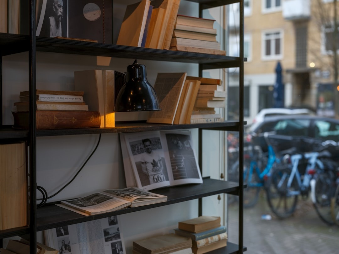 A bookshelf filled with lots of books next to a street